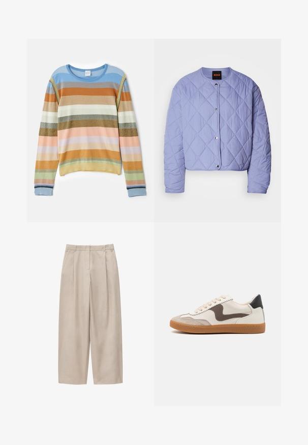 Lys lilla quiltet jakke med rundet halsudskæring, sølvknapper med tryk, og diamantmønstret syning. Har lange ærmer og kortere design.; Strikket sweater med striber i blå, orange, grøn og pastelfarver. Har ribbet tekstur, rund halsudskæring og dekorative detaljer på ærmerne.; Beige bukser med vide ben, forspil, sidelommer, bæltestropper og skjult lukning foran.; Sneakers med en cremefarvet læderoverdel, en mørkebrun svine læder detalje, beige snørebånd og en gummigummisål; klassisk lavprofil design.