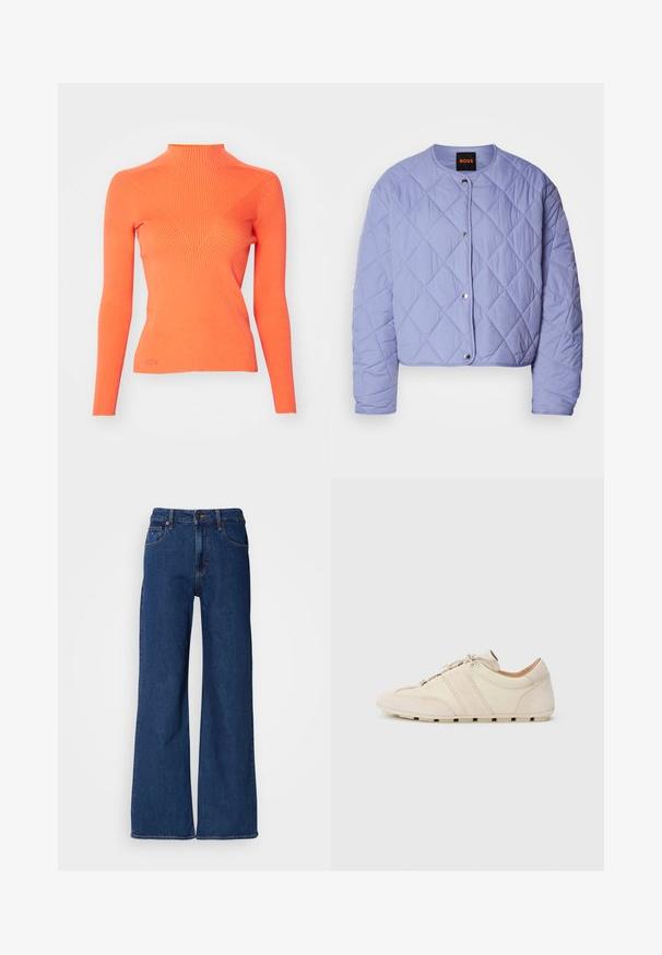 Lys lilla quiltet jakke med rundet halsudskæring, sølvknapper med tryk, og diamantmønstret syning. Har lange ærmer og kortere design.; Ribbet turtleneck sweater i lys orange, med lange ærmer og en tætsiddende silhuet samt et V-design element på forsiden.; Mørkeblå denim bredbenede jeans med høj talje, fem lommer og orange syninger. Har en lynlåse og bæltestropper.; Sneakers med overdel i cremefarvet læder og ruskind, der har to vandrette beige striber og en gummisål, rundet tå-design, snørelukning.