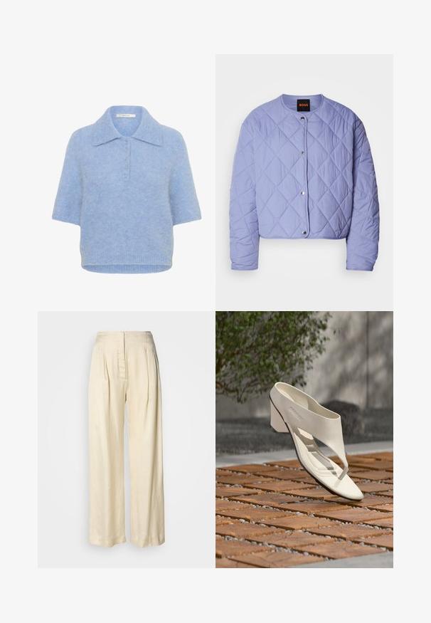 Veste matelassée violet clair avec un col arrondi, des boutons-pression argentés et des coutures en forme de losange. Comprend des manches longues et une coupe courte.; T-shirt tricot à col, bleu clair et à manches courtes, avec une patte de boutonnage à cinq boutons. Texture douce avec une coupe légèrement carrée et un ourlet côtelé.; Pantalon en soie crème taille haute avec plis, jambes larges et fermeture éclair avant dissimulée sur un fond blanc uni.; Sandale à talon en cuir blanc avec une large bride et un entre-doigts, exposée en extérieur sur une surface carrelée en bois et en gravier avec de la verdure en arrière-plan.