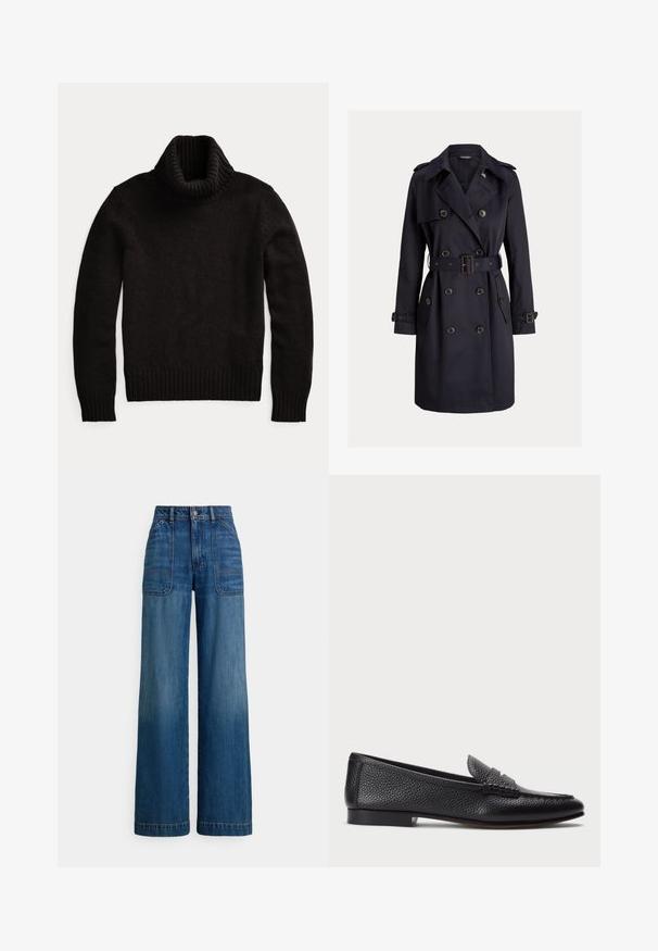 Trench-coat croisé bleu marine foncé avec larges revers, ceinture à la taille, pattes d'épaule et poignets boutonnés.; Pull à col roulé noir tricoté avec manches longues et poignets, col et ourlet côtelés sur fond blanc.; Jean taille haute à jambes larges en denim bleu moyen. Comprend des poches plaquées à l'avant et des coutures apparentes. Texture lisse et douce.; Mocassin en cuir noir avec une finition texturée, doté d'une sangle décorative et d'un talon plat. Design épuré et minimal avec un bout arrondi.