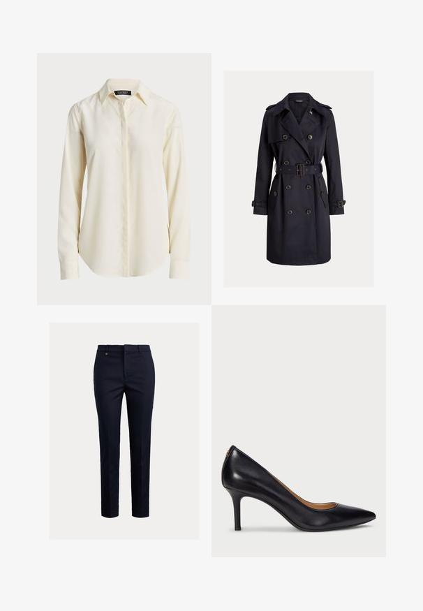 Donker marineblauwe dubbelrijige trenchcoat met brede revers, tailleband, schouderepauletten en manchetten met knopen.; Lichtcrème langemouwshirt met een puntige kraag, knoopsluiting aan de voorkant en een gladde textuur; heeft een ronde zoom en een slim fit.; Marineblauwe chino's gemaakt van een katoenmix met een taps toelopende pasvorm, een vlakke voorkant, zijzakken en een enkele achterzak; voorzien van een klein goudkleurig logo.; Lauren Ralph Lauren LANETTE PUMPS CLOSED TOE - Klassieke pumps - black