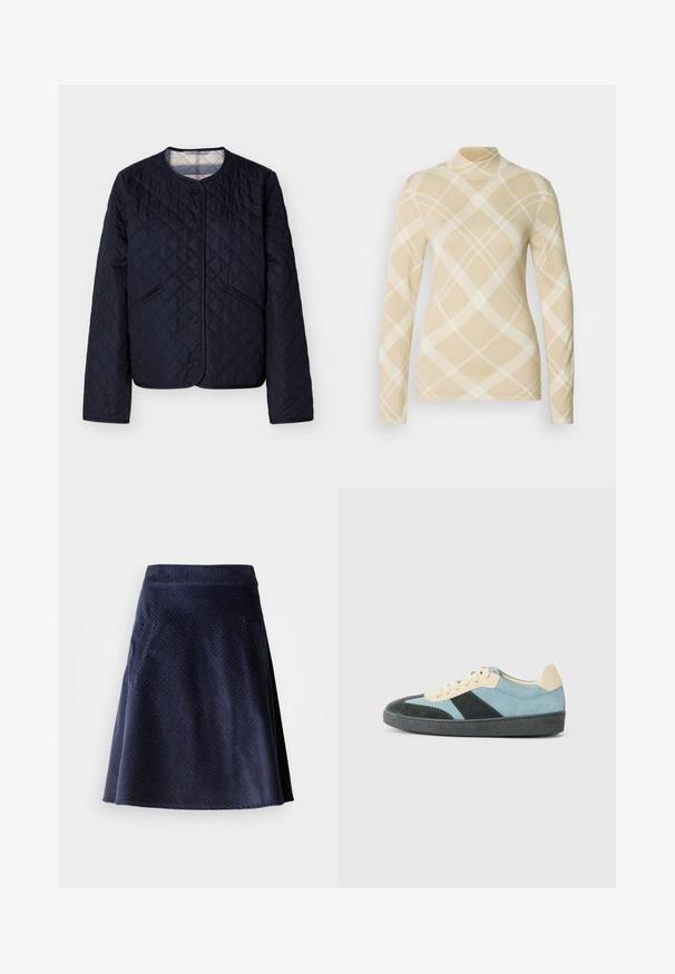 Marineblauwe doorgestikte jas met ronde hals, drukknoopsluiting, schuine voorzakken en een geruite voering die zichtbaar is bij de kraag.; Beige long-sleeve top met een hoge kraag, voorzien van een crème diamantenpatroon en een gestructureerde stof, die een aansluitend silhouet benadrukt.; Marine corduroy rok met een uitlopende vorm, voorzien van een diagonale ribstructuur en twee zijzakken. Kortere zoom met een rafelige rand.; Laag model sneaker in lichtblauw, donkergroen en beige zacht leer met een zwarte zool en beige veters, getoond vanuit de zijkant.