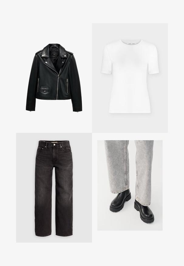 Schwarze Leder-Motorradjacke mit Reißverschluss vorn, Druckknöpfen, strukturierter Oberfläche, Schulterklappen und Seitentaschen.; Weißes T-Shirt mit kurzen Ärmeln und Rundhalsausschnitt, schlanker Passform und gerippter Stoffstruktur, dargestellt vor einem schlichten hellgrauen Hintergrund.; Levi's® BAGGY DAD - Baggy Jeans - shrink up; Vagabond COSMO - Plateaustiefelette - black