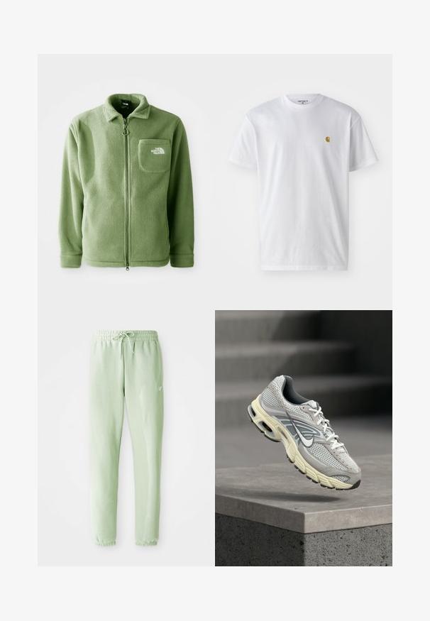 Grüne Fleecejacke mit einem Frontreißverschluss, hohem Kragen und einer Brusttasche mit einem weißen Logo. Weicher Stoff und lässiges Design.; Weißes Baumwoll-T-Shirt mit kurzen Ärmeln, Rundhalsausschnitt, mit einem kleinen goldenen Logo im linken Brustbereich. Weicher Stoff und normale Passform.; Helle grüne Jogginghosen aus weichem Baumwollstoff, mit einem elastischen Bund und Kordelzug, schmal zulaufenden Beinen und gerüschten Bündchen.; Grauer und weißer Nike-Laufschuh mit gepolsterter Sohle, der über einer Betontreppe im Freien schwebt.