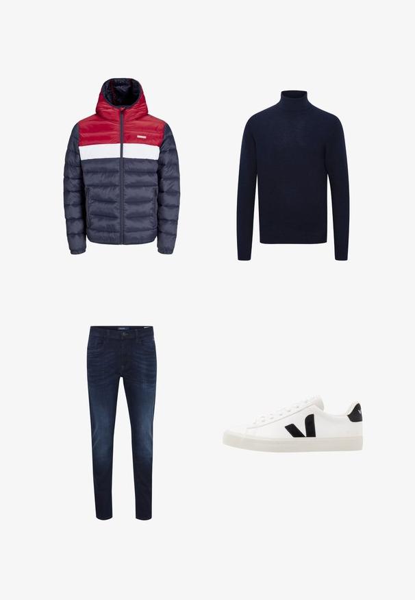 Chaqueta acolchada en rojo, blanco y azul marino con capucha, que presenta un cierre frontal con cremallera, bolsillos laterales y un diseño acolchado horizontal.; Jersey de cuello alto azul marino de manga larga con cuello, puños y bajo acanalados, mostrado sobre fondo blanco.; Jeans de mezclilla azul oscuro con un corte slim, diseño de cinco bolsillos, sutil desgaste en la tela, cierre de botón y etiqueta con el logo en la parte trasera de la cinturilla.; Zapatilla de cuero blanca con acentos de ante negro; presenta una suela de goma, puntera redonda y un diseño clásico de cordones. Logo lateral en negro.
