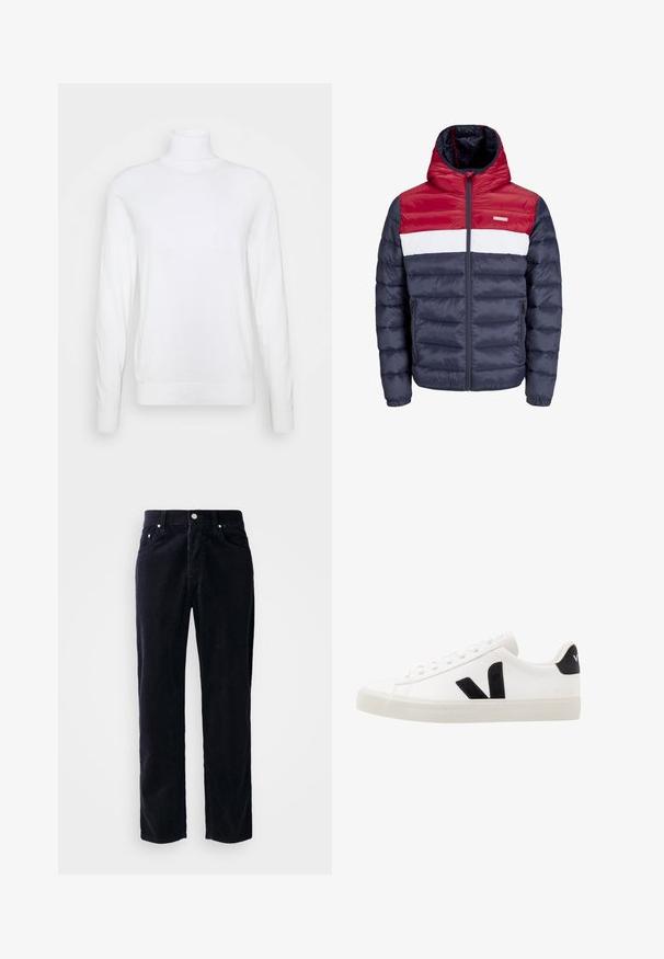 Veste rembourrée rouge, blanche et marine avec capuche, dotée d'une fermeture éclair à l'avant, de poches latérales et d'un design matelassé horizontal.; Pull à col roulé blanc avec des manches longues, fabriqué en tissu lisse. Présente un design ajusté et des poignets et un ourlet côtelés. Pas de motifs ni d'accents.; Pantalons en velours côtelé bleu marine avec coupe droite, cinq poches et fermeture à bouton. Présente une texture à côtes verticales et des détails en métal.; Sneaker blanche en cuir avec des accents en daim noir ; dispose d'une semelle en caoutchouc, d'un bout rond et d'un design classique à lacets. Logo latéral en noir.