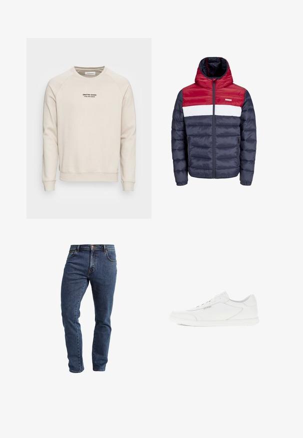 Rød, hvid og navy pufferjakke med hætte, udstyret med lynlås foran, sidelommer og horisontalt quiltet design.; Cremefarvet sweatshirt med raglanærmer, ribbede manchetter og kant. Har et sort tekstlogo på fronten. Blødt, tekstureret stof.; Mørkeblå slim-fit denim jeans med fem lommer og kobberknaplukning, vist på en hvid baggrund.; Lavskoet hvid lædersneaker med snørelukning foran og diskrete syninger, sidebrandsat "Guess," og flad gummisål.