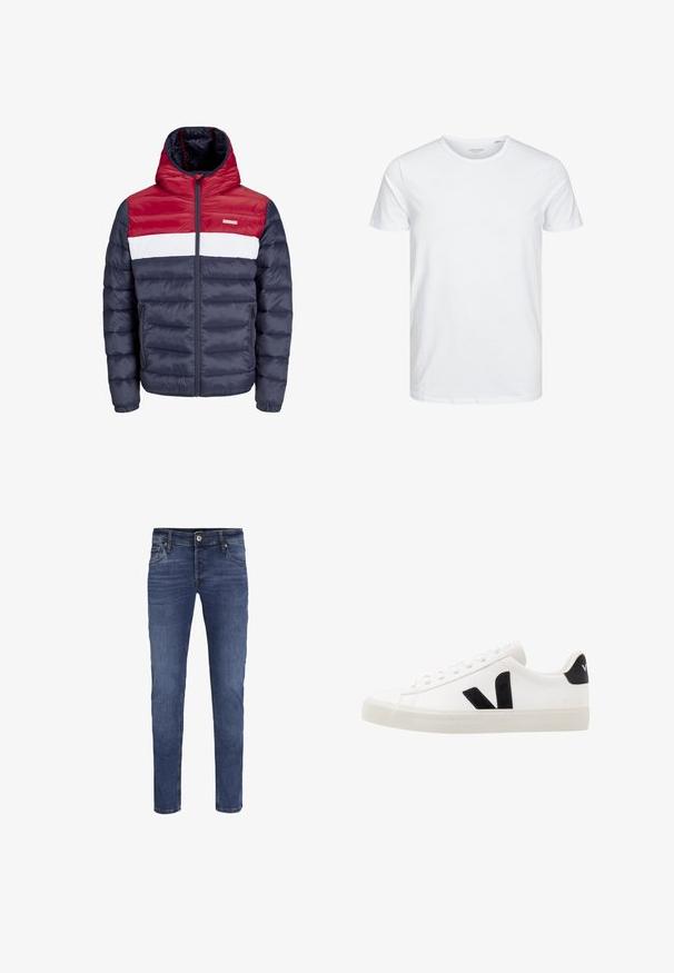 Rood, wit en marineblauw gewatteerd jack met een capuchon, voorzien van een ritssluiting aan de voorkant, zijzakken en een horizontaal gestikt ontwerp.; Ronde hals kortemouwen t-shirt in effen wit, gemaakt van zachte katoen, heeft een eenvoudig ontwerp zonder zichtbare patronen of accenten.; Heren slim-fit blauwe spijkerbroeken met knoop- en ritsluiting, voor- en achterzakken en subtiele vervagingdetails.; Witte leren sneaker met zwarte suède accenten; voorzien van een rubberen zool, ronde neus en een klassieke vetersluiting. Zijkant met logo in het zwart.