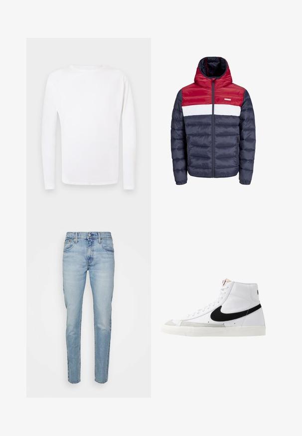 Chaqueta acolchada en rojo, blanco y azul marino con capucha, que presenta un cierre frontal con cremallera, bolsillos laterales y un diseño acolchado horizontal.; Camisa de manga larga blanca de cuello redondo mostrada plana sobre un fondo gris claro.; Levi's® 512® SLIM TAPER LO BALL - Vaqueros slim fit - z2203 light indigo worn in; Zapatillas altas blancas con un swoosh negro, una puntera texturizada en gris y suela plana blanca. Presenta seis ojales y acentos cosidos.