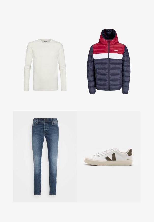 Rood, wit en marineblauw gewatteerd jack met een capuchon, voorzien van een ritssluiting aan de voorkant, zijzakken en een horizontaal gestikt ontwerp.; Witte langemouwen T-shirt van zachte stof, met een ronde hals en aansluitende mouwen, zonder zichtbare patronen of versieringen.; Heren slim-fit blauwe denim jeans met een vervaagde was, vooraan met knoop- en ritsluiting, en een ontwerp met vijf zakken.; Witte leren sneakers met een lichtbeige rubberen zool. Voorzien van een bruine suède V-logo en hieltab. Gespsluiting met een gestructureerd oppervlak.