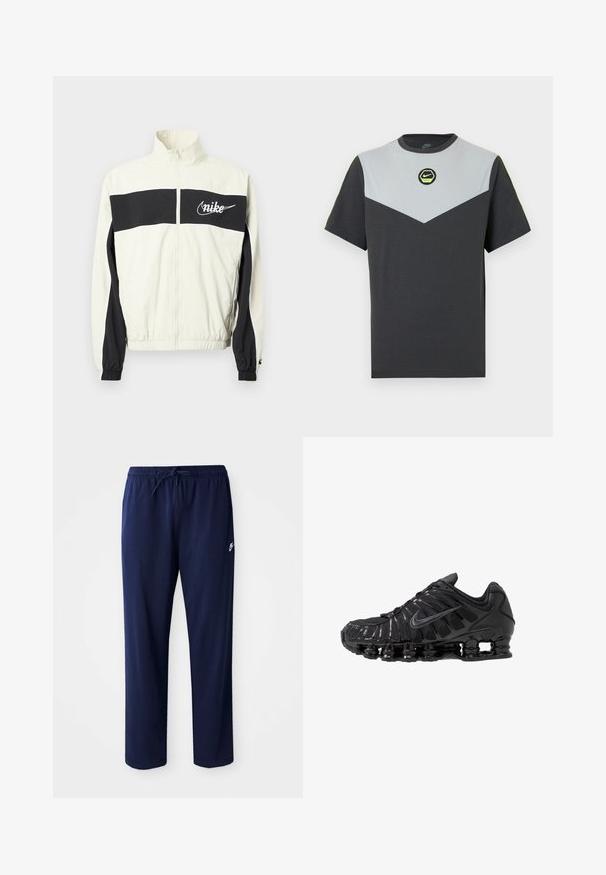 Witte en zwarte Nike-jas met een hoge kraag, ritssluiting en elastische manchetten. Heeft een opvallende zwarte streep over de borst.; Nike T-shirt met korte mouwen in donkergrijs en lichtgrijs met een chevron-patroon, een cirkelvormig groen logo en contrasterende neonaccenten op de schouders.; Marineblauwe, lichte joggerbroek van een katoenmix. Bevat een tailleband met trekkoord en een klein logo aan de linkerkant.; Zwarte sportschoenen gemaakt van mesh en synthetische materialen, met een opvallend golvend ontwerp, zwarte rubberen zool en reflecterende accenten.