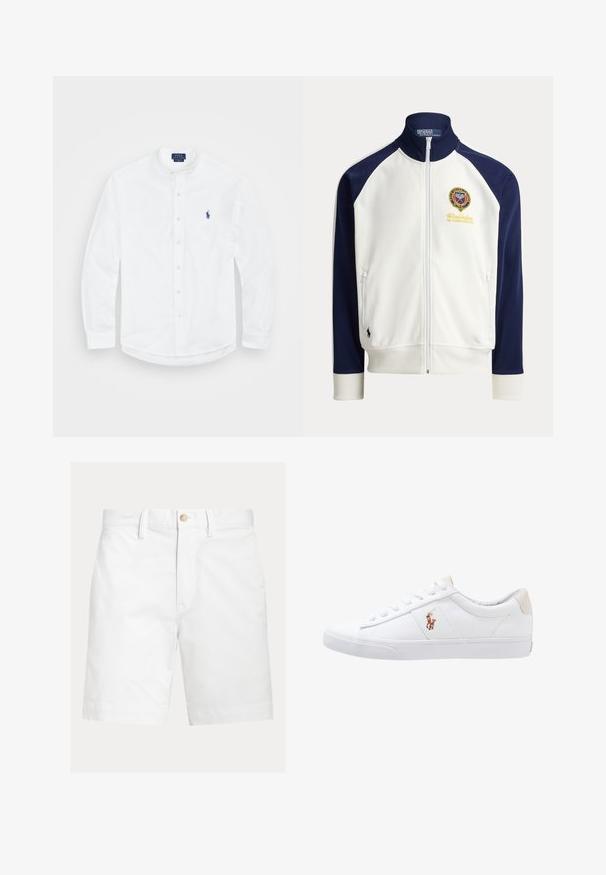 Witte en marineblauwe jas met ritssluiting, geribde kraag en manchetten, Wimbledon-logo op de borst en klein zwart Polo Ralph Lauren paardenlogo vlak bij de zoom.; Witte lange mouwen shirt met een bandkraag, knoopsluiting aan de voorkant en een blauw logo aan de linkerkant. Gemaakt van soepel katoen.; Witte knielange shorts met riemlussen en een bruine knoopsluiting in de taille, weergegeven op een effen achtergrond.; Witte canvas sneakers met een laag ontwerp, featuring een beige hieltab en een klein geborduurd logo aan de zijkant. Rubber zool.