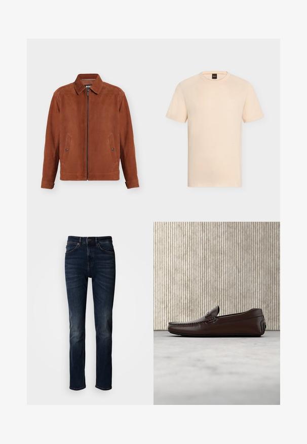 Veste en suède marron avec fermeture éclair à l'avant, deux poches à boutons-pression, manches longues et col classique.; T-shirt beige manches courtes à col rond avec un logo « BOSS » discret sur la poitrine et une étiquette noire à l’intérieur de l’encolure.; Jean denim bleu foncé à coupe droite, avec un design traditionnel à cinq poches, des coutures visibles et une fermeture bouton à la taille.; Mocassins en cuir marron avec une finition lisse, des coutures de style mocassin, un bout rehaussé et une semelle en caoutchouc basse et flexible.