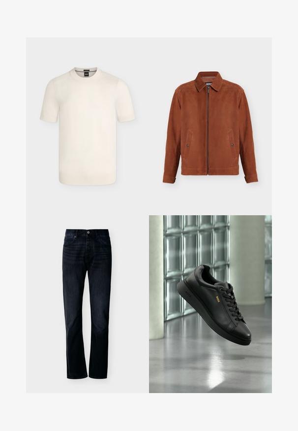 Veste en suède marron avec fermeture éclair à l'avant, deux poches à boutons-pression, manches longues et col classique.; Pull en maille crème à manches courtes avec col rond et poignets et ourlet côtelés sur un fond uni.; Jean droit couleur indigo foncé avec fermeture avant à boutons et zip, passants pour ceinture et design à cinq poches, présenté sur un fond clair uni.; Baskets basses en cuir noir avec lacets, logo "BOSS" doré sur le côté, présentées en suspension à l'intérieur devant un mur de briques de verre et un fond en béton.
