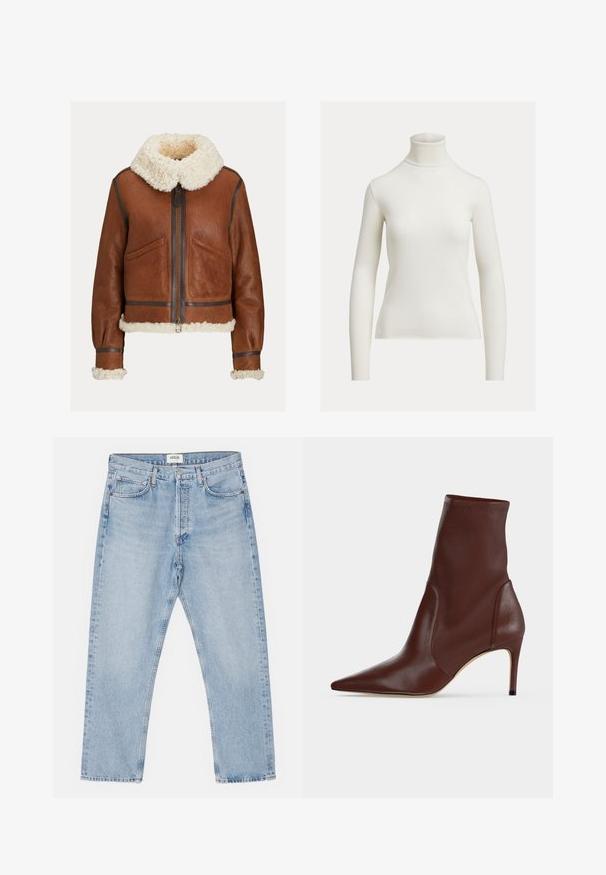 Bruine leren jas met crème kleurige schapenvachtkraag, manchetten en zoom, met een rits aan de voorkant en twee schuine zakken.; Trui met lange mouwen, off-white geribde coltrui met een aansluitende silhouet op een effen achtergrond.; Lichtblauwe denim jeans met een klassieke rechte pasvorm, vijf zakken en een knoopsluiting, met subtiele vervaging en een stevige textuur.; Donkerbruine leren enkellaars met spitse neus en smalle hoge hak tegen een effen lichte achtergrond.