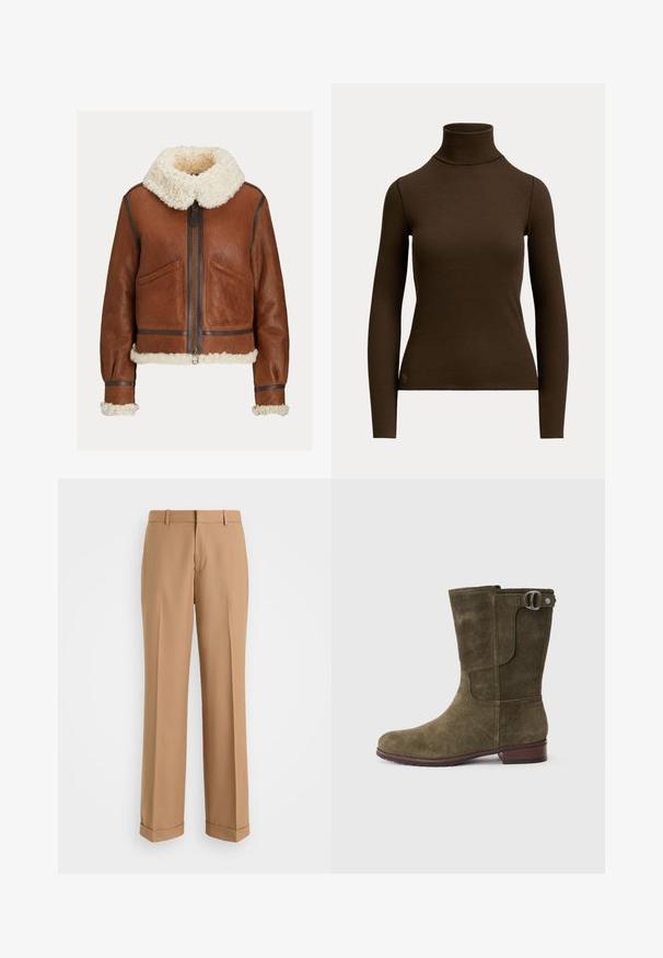 Braune Lederjacke mit cremefarbenem Lammfellkragen, Bündchen und Saum, mit Frontreißverschluss und zwei schrägen Taschen.; Dunkelbrauner langärmliger gerippter Rollkragenpullover mit figurbetonter Silhouette und kleinem Logo nahe dem unteren Saum vorne links.; Beige maßgeschneiderte Hose mit geradem Bein, aus weichem Stoff, mit einer mittigen Bügelfalte und umgeschlagenen Säumen.; Olivgrüne Wildleder-Stiefeletten mit runder Zehenform, gesticktem Design und einem Metallverschluss auf der Seite. Klobiger brauner Absatz.