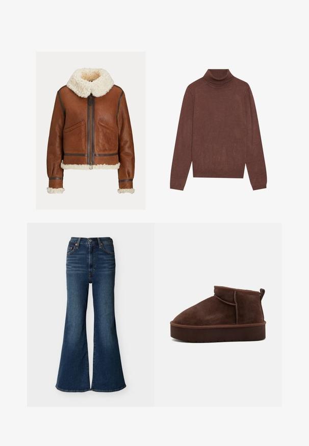 Braune Lederjacke mit cremefarbenem Lammfellkragen, Bündchen und Saum, mit Frontreißverschluss und zwei schrägen Taschen.; Brauner Rollkragenpullover mit langen Ärmeln. Hergestellt aus einem weichen, strukturierten Stoff. Verfügt über einen taillierten Kragen und eine lockere Silhouette.; Dunkelblaue, hoch taillierte Schlagjeans mit weitem Bein, aus Denim, mit Vordertaschen und Knopfverschluss.; Braune Wildleder-Stiefelette mit runder Spitze, weicher Oberfläche und dicker Plattformsohle. Verfügt über dezente Nähte und eine Lasche an der Rückseite.