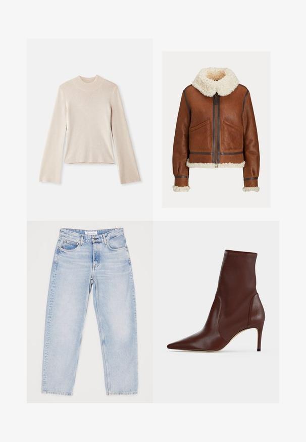 Veste en cuir marron avec col, poignets et ourlet en shearling crème, dotée d'une fermeture éclair à l'avant et de deux poches inclinées.; Pull en maille beige clair à manches longues et col roulé, avec une texture douce, une silhouette ajustée et un col côtelé. Design simple, sans motifs ni accents.; Jean en denim bleu clair avec une coupe décontractée, cinq poches et un design à jambes droites. Texture délavée, bouton supérieur et fermeture éclair.; Bottine en cuir marron foncé à bout pointu et talon haut fin sur un fond clair uni.