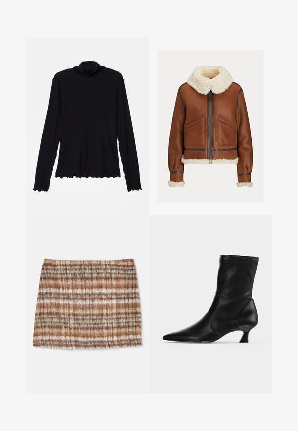 Chaqueta de cuero marrón con cuello, puños y dobladillo de borrego crema, con cremallera frontal y dos bolsillos inclinados.; Rodebjer CISNE - Camiseta de manga larga - black; Falda de lana a cuadros que presenta tonos terrosos de marrón y beige con una textura suave. El diseño incluye rayas horizontales y verticales.; Bota negra de cuero hasta media pantorrilla con puntera puntiaguda y tacón bajo tipo kitten, vista de lado sobre un fondo claro y liso.