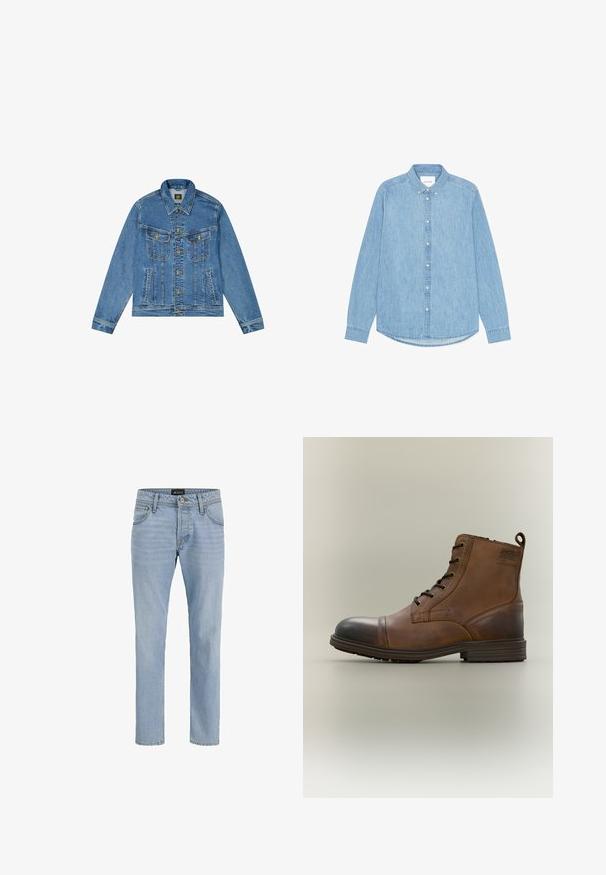 Denim jacket met een lichtblauwe wassing, klassieke snit, gespitse kraag, gouden knoopsluiting en twee borstzakken met decoratieve naden.; Lichtblauw denim overhemd met knopen, lange mouwen, een puntige kraag en een afgeronde zoom. Voorzien van een knoopsluiting aan de voorkant en een klein logo detail.; Lichtblauwe denim jeans met een slim fit, vijf zakken, subtiele vervaagde textuur en metalen hardware bij de rits en knoopsluiting.; Bruine leren enkellaars met veters, zwarte neuskap, ronde zool en merkdetail aan de zijkant tegen een effen achtergrond.