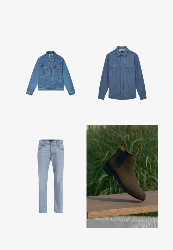 Denimjacke mit einer hellblauen Waschung, klassischem Schnitt, spitzem Kragen, goldenem Knopfverschluss und zwei Brusttaschen mit dekorativen Nähten.; Langärmeliges blaues Denimhemd mit spitzem Kragen, Knopfleiste vorne und zwei Brusttaschen mit Klappen und Knopfverschluss.; Helle blaue Denim-Jeans mit schlankem Schnitt, Fünf-Taschen-Design, subtiler verblasster Textur und Metallbeschlägen am Reißverschluss und der Knopfleiste.; Braune Wildleder Chelsea-Boots mit schwarzen elastischen Seitenpaneelen und einem niedrigen Absatz, ausgestattet mit Zuglaschen an der Rückseite und einer glatten schwarzen Sohle.