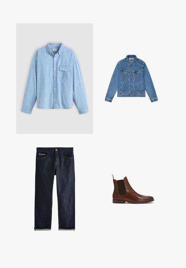 Denimjacke mit einer hellblauen Waschung, klassischem Schnitt, spitzem Kragen, goldenem Knopfverschluss und zwei Brusttaschen mit dekorativen Nähten.; Himmelblaues Hemd mit Knopfverschluss aus Chambray-Stoff. Verfügt über einen Kragen, lange Ärmel und eine Brusttasche mit Klappe und Knopf.; Dunkelblaue Jeans aus Denim mit klassischem geradem Schnitt, fünf Taschen, Knopfverschluss und umgeschlagenen Bündchen, die eine hellblaue Innenseite zeigen.; Kazar BEREN - Stiefelette - brown