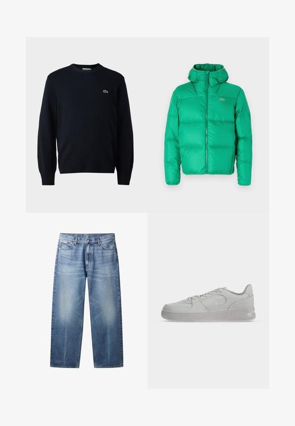 Grøn pufferjakke med hætte, der har lynlåslukning, kviltet design og signaturlogo på venstre bryst. Glat, skinnende materiale.; Marine crew-neck sweater lavet af blødt materiale, med ribbede manchetter og kant. Lille grønt Lacoste-logo på brystet.; Lyseblå jeans med lige ben, falmede områder, fem lommer, knaplukning og Calvin Klein-mærke på højre forlommer.; Hvid lav Lacoste sneaker med snørebånd, præget logo på siden og tekstureret sål på en ensfarvet baggrund.