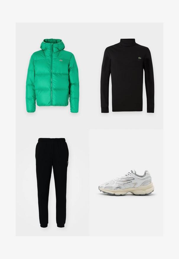 Vihreä puffatakki hupulla, jossa on vetoketjukiinnitys, tikattu muotoilu ja allekirjoituslogo vasemmassa rinnassa. Sileä, kiiltävä materiaali.; Mustat pitkät hiharat turtleneck-paita, joka on valmistettu sileästä puuvillakankaasta. Vasemmassa rinnassa on pieni vihreä krokotiililogo.; Mustat verkkarit, joissa on joustava vyötärö ja lahkeensuut. Valmistettu pehmeästä kankaasta, jossa on pieni logo vasemmalla ylhäällä.; Valkoiset urheilukengät harmailla yksityiskohdilla, verkkokangas- ja synteettisestä materiaalista valmistettu päällinen, nauhakiinnitys ja teksturoitu kumipohja, jossa on pito- ja kuviointikuvioita.