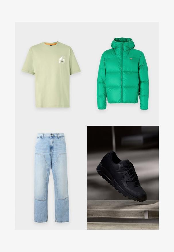 Grøn pufferjakke med hætte, der har lynlåslukning, kviltet design og signaturlogo på venstre bryst. Glat, skinnende materiale.; Lys grøn bomuld t-shirt med rund hals, korte ærmer og et hvidt logo trykt på brystlommen. Glat tekstur og afslappet pasform.; Lyseblå denimjeans med høj talje, store forlommer med lap, knaplukning og lige brede ben.; Sorte Nike Air Max 90 sneakers med en tekstureret mesh-overdel, glatte læderdetaljer, polstret krave og synlig luftstød i sålen.