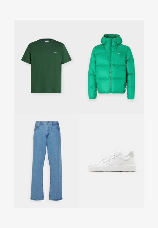 Doudoune verte avec capuche, dotée d'une fermeture éclair, design matelassé et logo emblématique sur la poitrine gauche. Matière lisse et brillante.; T-shirt en coton vert foncé à manches courtes, col rond, avec petit logo crocodile Lacoste sur le côté gauche de la poitrine.; Jean large en denim bleu clair à taille haute, avec une fermeture à bouton et à zip, cinq poches et des ourlets effilochés.; Des baskets en cuir blanc avec une finition lisse, un bout rond, des lacets plats et une semelle texturée. Accents en daim gris au niveau du talon.