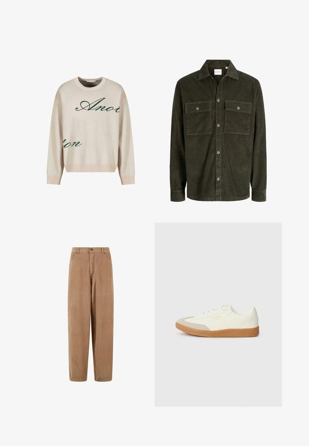 Mørkegrøn kordfløjls skjortejakke med knapper foran og to knaplukning brystlommer, lange ærmer og klassisk krave.; Beige strikket sweater med grønne kursiverede bogstaver. Ribbet halsudskæring og manchetter, afslappet pasform, med blød tekstur.; Kamelsnore bukser i lys brun med lige ben-design, med knaplukning og sidelommer, struktureret ribbet overflade.; Sneaker lavet af hvid læder med en beige tåhætte og let brunt gummisål. Har flade hvide snørebånd og prægede branding på siden.
