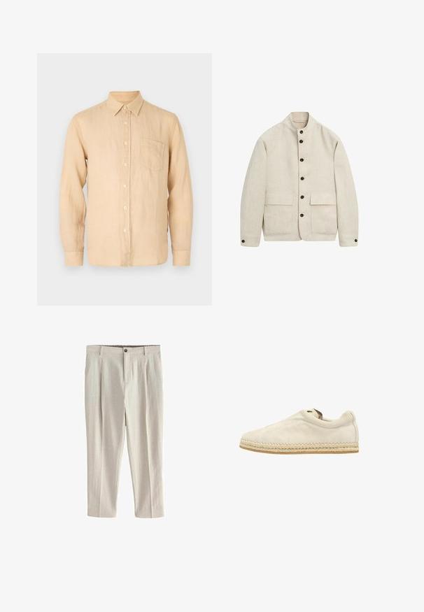 Lysebeige hørjakke med stående krave, seks sorte knapper foran og to store forlommer med klap.; Beige langærmet skjorte i linned med knapkrave, frontlomme og en glat, let struktureret overflade. Klassisk pasform og enkelt design.; Next REGULAR TAPERED FIT - PREMIUM HERRINGBONE WITH ELASTICATED WAIST - Chino - neutral; Beige ruskind slip-on sko med flettet jute mellemsål og gummisål, set fra siden på hvid baggrund.