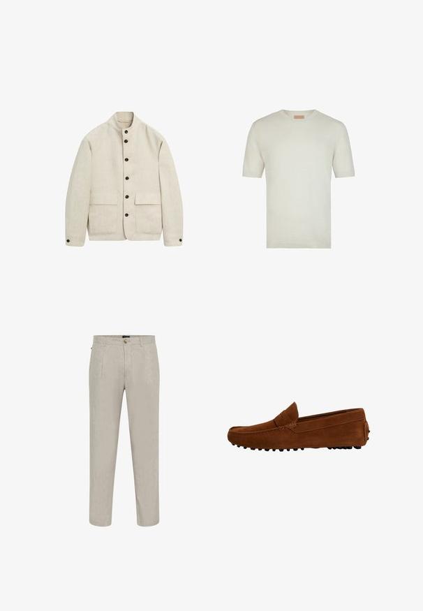 Lysebeige hørjakke med stående krave, seks sorte knapper foran og to store forlommer med klap.; Kremfarvet kortærmet strikket sweater med rund hals og ribstrikkede manchetter og kant, vist på hvid baggrund.; Beige linnedragtbukser med struktureret overflade, der har en lige ben-design, to frontlommer og en knaplukning ved taljen.; Brune ruskinds loafers med et mokkasin-design, der har en syet detalje langs overdelen og en gummisål med små grebspidser.