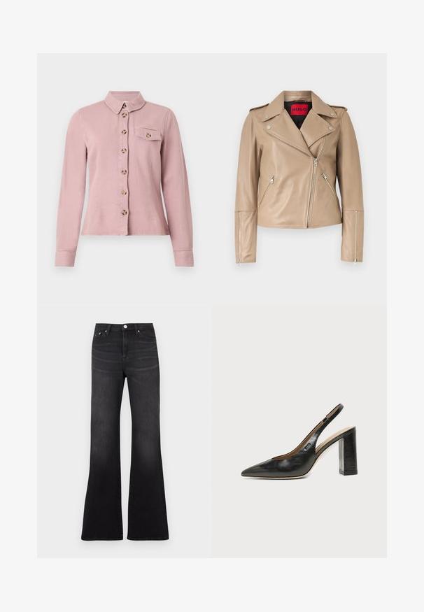 Veste de motard en cuir beige avec fermetures éclair argentées sur les poches avant, les manches et la fermeture avant asymétrique, dotée d'un large col à revers.; Chemise rose clair à manches longues avec des boutons marron sur le devant, rabat de poche poitrine boutonné et petit col sur fond blanc.; Jean flare noir en tissu denim, avec une taille haute, un design cinq poches, et une légère décoloration vers l'ourlet des jambes.; Chaussure slingback en cuir noir à bout pointu avec un talon bloc haut et une doublure intérieure beige sur un fond clair uni.