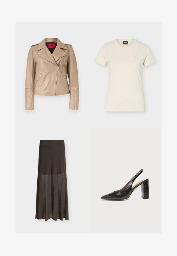 Veste de motard en cuir beige avec fermetures éclair argentées sur les poches avant, les manches et la fermeture avant asymétrique, dotée d'un large col à revers.; T-shirt à manches courtes couleur crème, col rond, avec petit logo brodé sur le côté gauche de la poitrine et étiquette noire "BOSS" à l'intérieur du col.; Jupe longue marron semi-transparente avec taille cintrée et tissu plissé fluide sur un fond clair uni.; Chaussure slingback en cuir noir à bout pointu avec un talon bloc haut et une doublure intérieure beige sur un fond clair uni.