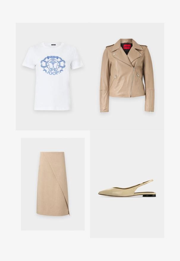 Veste de motard en cuir beige avec fermetures éclair argentées sur les poches avant, les manches et la fermeture avant asymétrique, dotée d'un large col à revers.; T-shirt blanc à manches courtes avec un emblème floral orné bleu et le mot « JOOP ! » imprimé au centre à l'avant.; Jupe portefeuille beige longueur genou avec un tissu subtilement texturé et un détail de superposition asymétrique à l'avant.; Chaussure plate beige à bout pointu avec bride arrière, petit talon noir et finition en cuir lisse, vue de côté sur un fond uni.