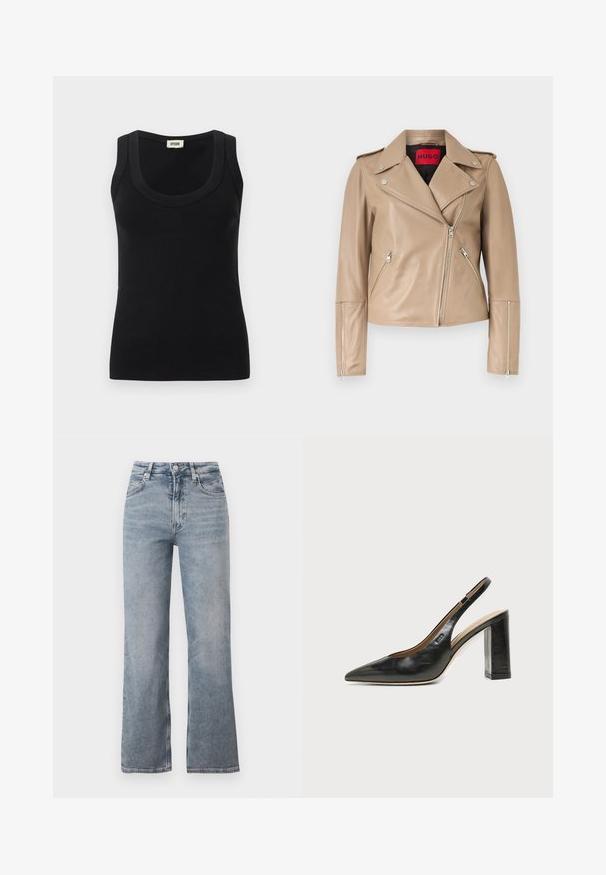 Veste de motard en cuir beige avec fermetures éclair argentées sur les poches avant, les manches et la fermeture avant asymétrique, dotée d'un large col à revers.; Débardeur en tissu côtelé noir avec larges bretelles et encolure dégagée, étiquette de la marque "DRYKORN" à l'intérieur du col au dos.; Jean bleu clair taille haute à jambe droite avec bouton frontal, fermeture éclair et design classique à cinq poches.; Chaussure slingback en cuir noir à bout pointu avec un talon bloc haut et une doublure intérieure beige sur un fond clair uni.
