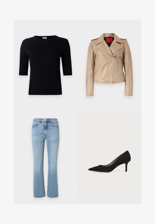 Chaqueta de cuero beige tipo motorista con cremalleras plateadas en los bolsillos frontales, mangas y cierre frontal asimétrico, con un cuello de solapa ancha.; Camiseta negra de canalé con escote redondo y mangas tres cuartos. La tela tiene una textura suave y un dobladillo recto. Sin marcas visibles.; Jeans de mezclilla de color azul claro con un diseño acampanado, cintura alta, cinco bolsillos y herrajes dorados. Presenta un lavado desgastado y detalles de costura.; Salón de ante negro con punta puntiaguda, tacón de aguja delgado de altura media y diseño de corte bajo sobre un fondo liso.