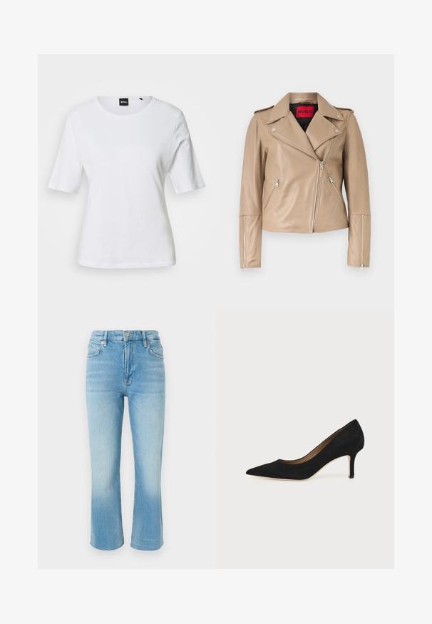 Veste de motard en cuir beige avec fermetures éclair argentées sur les poches avant, les manches et la fermeture avant asymétrique, dotée d'un large col à revers.; T-shirt blanc à manches courtes avec col rond, coupe ajustée et petite étiquette noire BOSS au niveau de l'encolure.; Jean en denim bleu clair avec une taille haute, bouton et fermeture éclair à l'avant, cinq poches, et une coupe de jambe légèrement évasée.; Escarpin en daim noir à bout pointu avec un talon stiletto fin de hauteur moyenne et un design à coupe basse sur un fond uni.