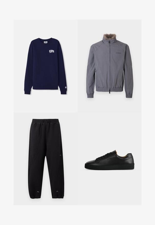 Sivá bunda na zips so zvrásneným golierom z umelého kožušiny, elastickými manžetami a lemom. Disponuje diagonálnym švovým dizajnom a logom na ľavej strane.; Námornícky modrá mikina s okrúhlym výstrihom vyrobená z bavlny s malým bielym logom na hrudi a logom na manžete. Klasický strih, rebrovaný lem.; Čierne jogger nohavice s elastickým pásom a manžetami, slim fit, nenápadné švové detaily a malé biele logo pri členkoch a stehne.; Čierny nízky kožený teniska s čiernymi šnúrkami, štruktúrovanou gumovou podrážkou a malým vyrazeným logom na boku, zobrazený v profile na sivom pozadí.