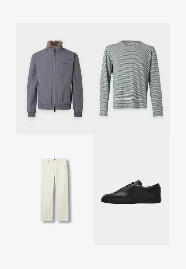 Veste grise zippée avec col en fausse fourrure, poignets et ourlet élastiqués. Présente un motif de coutures en diagonale et un logo sur le côté gauche.; T-shirt à manches longues avec col rond et fines rayures horizontales noires et blanches, présenté à plat sur un fond clair.; Jean droit écru avec poches avant, passants de ceinture, fermeture par bouton et détails en rivets métalliques, présenté sur fond blanc.; Baskets basses en cuir noir avec lacets sur le devant et semelle en caoutchouc plate, vues de côté sur un fond blanc uni.