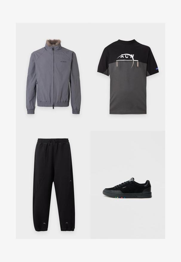 Veste grise zippée avec col en fausse fourrure, poignets et ourlet élastiqués. Présente un motif de coutures en diagonale et un logo sur le côté gauche.; T-shirt noir et gris à manches courtes avec un logo graphique blanc sur la poitrine et une petite étiquette bleue sur la manche droite.; Pantalon de jogging noir avec taille et poignets élastiques, coupe slim, détails de couture discrets et petit logo blanc près des chevilles et de la cuisse.; Baskets en daim noir à texture lisse, dotées d'une semelle en caoutchouc noire et d'accents multicolores sur le côté latéral de la semelle.