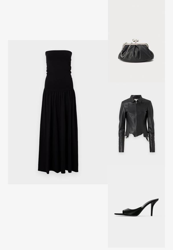 Zwarte croppedd leren jas met een kraag, ritssluiting aan de voorkant en een enkele borstzak; heeft een rafelige zoom en stiksel details. Glad textuur.; Zwarte strapless maxi-jurk gemaakt van zachte, rekbare stof. Aansluitend lichaam met een geplooide rok, vloeiende stof en gladde textuur.; Zwarte leren mule met open teen en hoge slanke naaldhak, zijaanzicht tegen een effen achtergrond.; Zwarte leren clutch met geplooide textuur, zilverkleurig metalen frame, drukknopsluiting en kettingriem. Glad, zacht oppervlak.