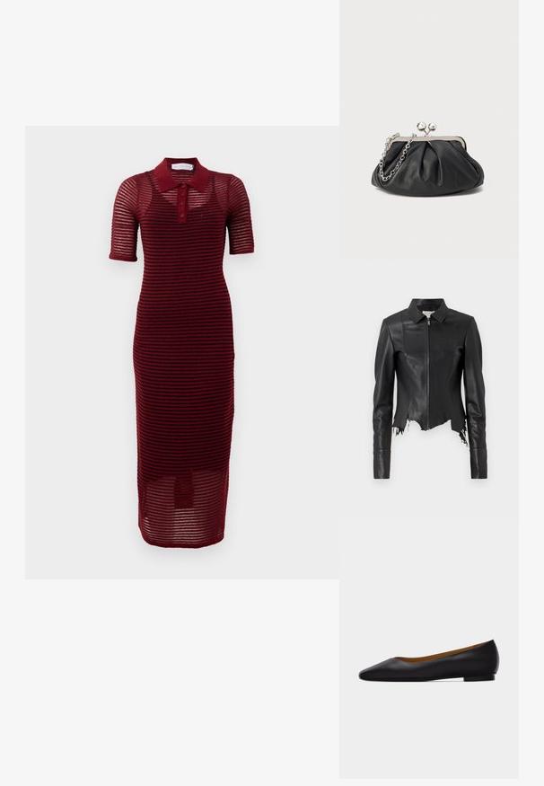 Zwarte croppedd leren jas met een kraag, ritssluiting aan de voorkant en een enkele borstzak; heeft een rafelige zoom en stiksel details. Glad textuur.; Bordeaux polo jurk met korte mouwen, voorzien van een gestreept ontwerp, knoopsluiting en een midi-lengte, vervaardigd van lichtgewicht stof.; Zwarte leren puntschoen met lage hak en gladde afwerking, zijaanzicht op een lichtgrijze achtergrond.; Zwarte leren clutch met geplooide textuur, zilverkleurig metalen frame, drukknopsluiting en kettingriem. Glad, zacht oppervlak.