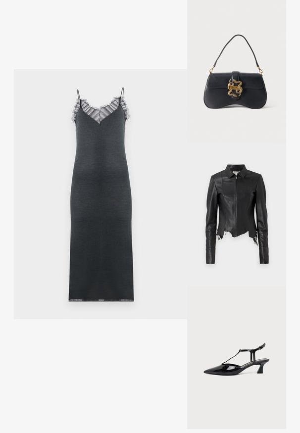 Veste en cuir noire courte avec un col, fermeture éclair à l'avant et une poche poitrine unique ; présente un ourlet effiloché et des détails de couture. Texture lisse.; Robe sans manches gris foncé avec une silhouette ajustée, présentant une bordure en dentelle froncée le long du décolleté en V et une texture lisse.; Chaussure slingback en cuir verni noir à bout pointu avec bride en T et petit talon bloc incliné sur fond blanc.; Sac à main en cuir noir à forme incurvée, avec une anse unique et un fermoir doré en forme de serpent portant l'étiquette "Just Cavalli" sur un fond uni.