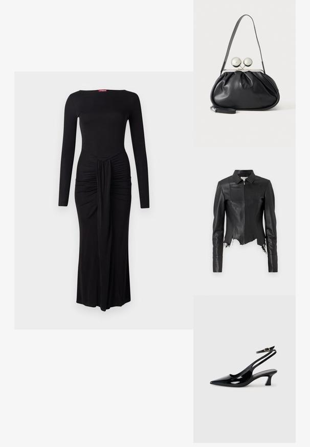 Black cropped leather jacket with a collar, zip front, and a single chest pocket; features frayed hem and seam detailing. Smooth texture.; Black long-sleeve dress with a fitted bodice, gathered texture at the waist, and a straight hem, made of soft stretch fabric.; Black patent leather slingback heels with pointed toe, low block heel, and adjustable ankle strap featuring a gold buckle.; Black leather handbag with a gathered design, single strap, silver metal frame, and two large round silver clasp closures.