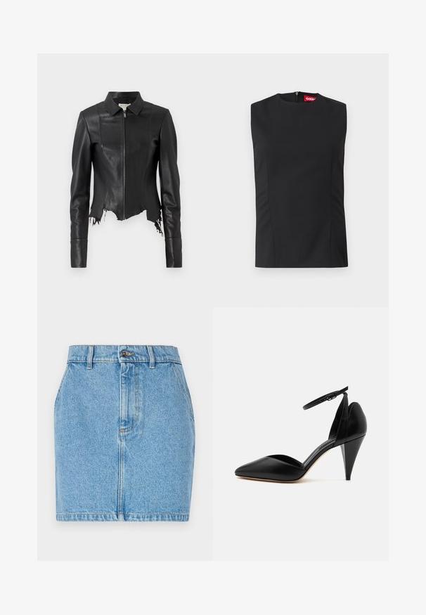 Veste en cuir noire courte avec un col, fermeture éclair à l'avant et une poche poitrine unique ; présente un ourlet effiloché et des détails de couture. Texture lisse.; Top noir sans manches avec un col haut, des pinces sur le devant et une fermeture éclair invisible au dos. Fabriqué en tissu lisse avec une coupe structurée.; Jupe en denim bleu clair, avec un design ajusté, un style à cinq poches et des coutures contrastées. Le matériau a une finition texturée.; Escarpin en cuir noir à bout pointu avec bride à la cheville et talon conique sur fond blanc.