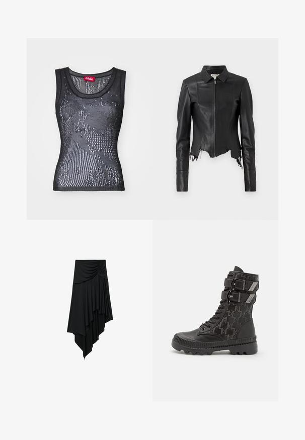 Veste en cuir noire courte avec un col, fermeture éclair à l'avant et une poche poitrine unique ; présente un ourlet effiloché et des détails de couture. Texture lisse.; Débardeur en maille noire avec un col rond et un motif de petits trous. L'étiquette intérieure indique "032c". Le matériau semble léger et texturé.; Jupe asymétrique noire avec un détail froncé à la taille et un tissu drapé en couches créant un ourlet en cascade.; Bottes de combat noires avec une tige texturée arborant un motif pied-de-poule, deux sangles ajustables et une semelle robuste.