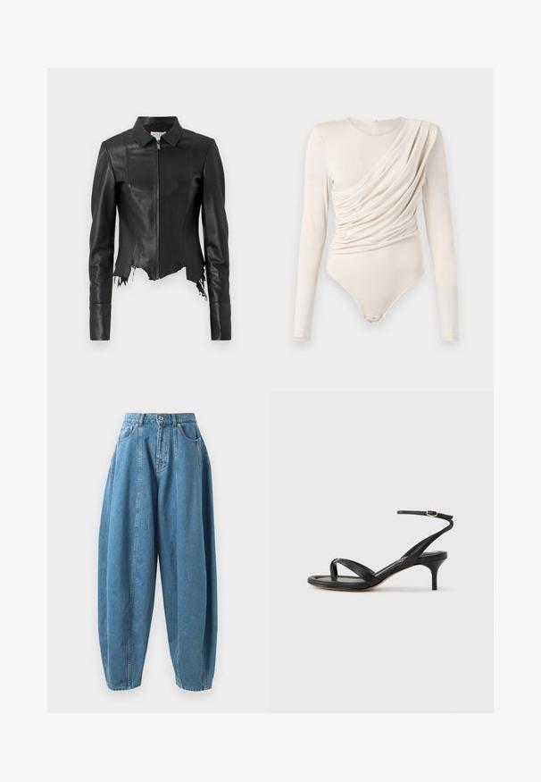 Musta lyhytrajainen nahkatakki, jossa on kaulus, vetoketjukiinnitys ja yksi rintatasku; frayed-helma ja sauman yksityiskohtia. Sujuva pinta.; Beige pitkähihaine bodysuit, jossa on roikkuva etuosa, sileä pinta ja nepp closure pohjassa. Tyylikäs ja istuva muotoilu.; Korkeavyötäröiset, löysät siniset farkut, joissa on laskokset, etutaskut, vyölenkit sekä nappi- ja vetoketjukiinnitys.; Musta nahkainen naisten sandaali ohuilla remmeillä, varvaslenkillä, nilkkakiinnityksellä ja keskipitkällä piikkikorkokengällä neutraalilla taustalla.