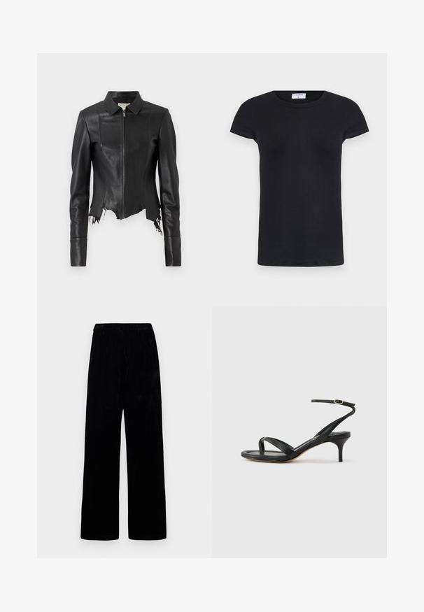 Veste en cuir noire courte avec un col, fermeture éclair à l'avant et une poche poitrine unique ; présente un ourlet effiloché et des détails de couture. Texture lisse.; T-shirt noir à côtes avec un col rond et des manches courtes. Tissu doux avec une coupe ajustée, présentant une étiquette au niveau du cou.; Pantalons larges noirs avec taille élastique et tissu doux en velours, affichés sur un fond clair uni.; Sandale pour femme en cuir noir avec fines lanières, une boucle d'orteil, une boucle à la cheville et un talon aiguille de hauteur moyenne sur un fond neutre.